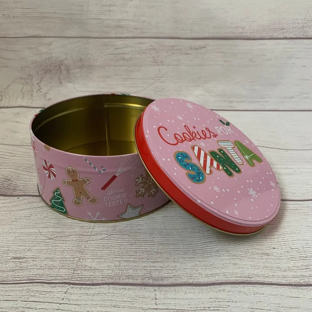 Vintage Pink Christmas Cookies for Santa Tin Empty Metal Storage Box Snowflakes